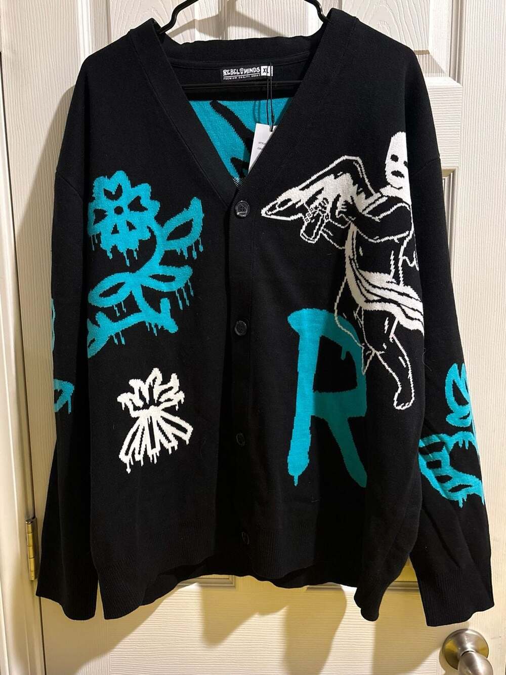 Rebel Minds Black Graphic Cardigan Sweater with Angel and Heart Design Size XL N